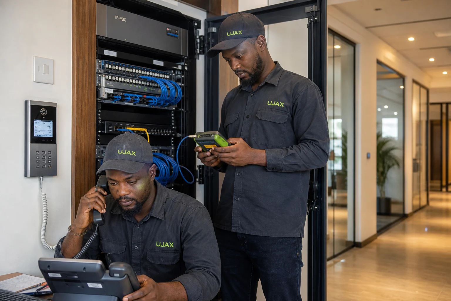 Ujax engineers commissioning an IP-PBX, landline and intercom system