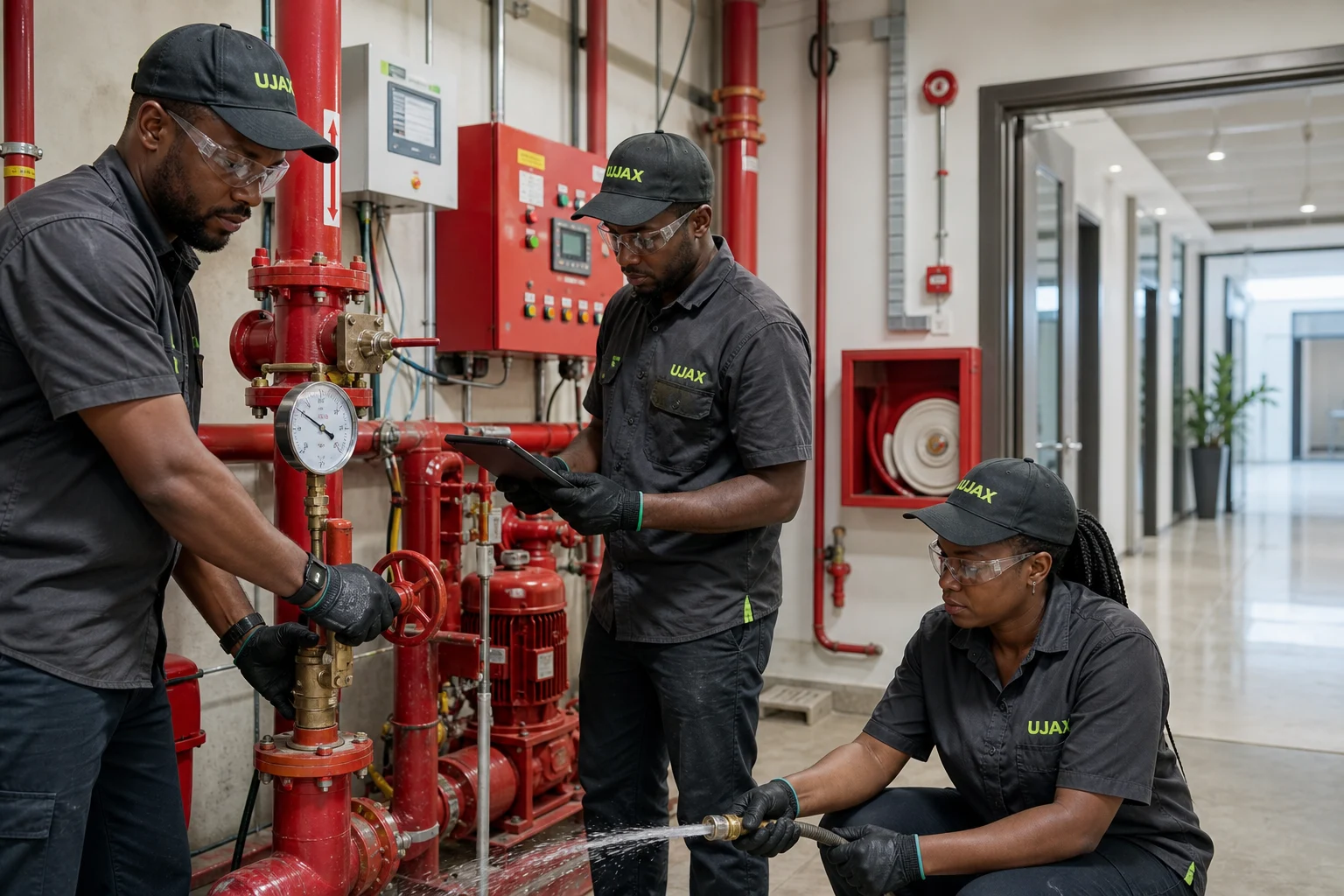 Ujax engineers testing a commercial firefighting system