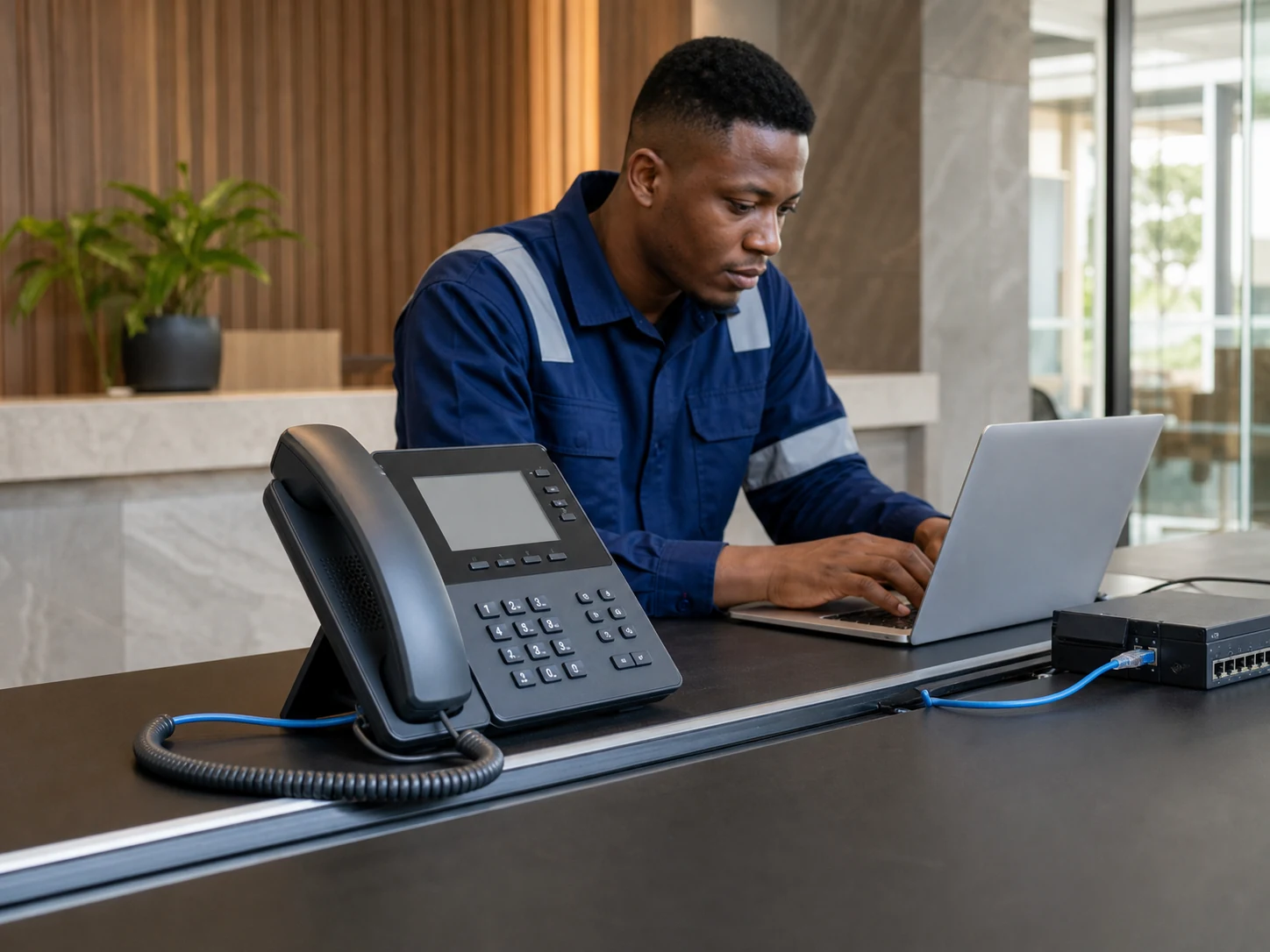Ujax engineer commissioning a business IP telephone system