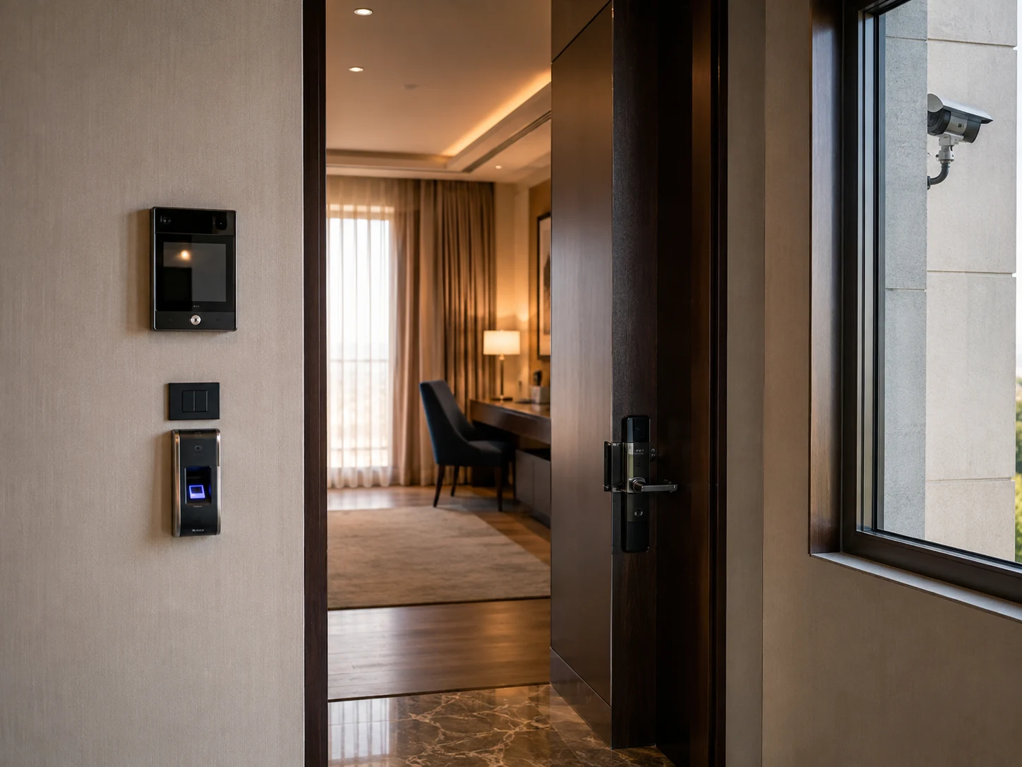 Hotel lobby with integrated security, connectivity and guest systems
