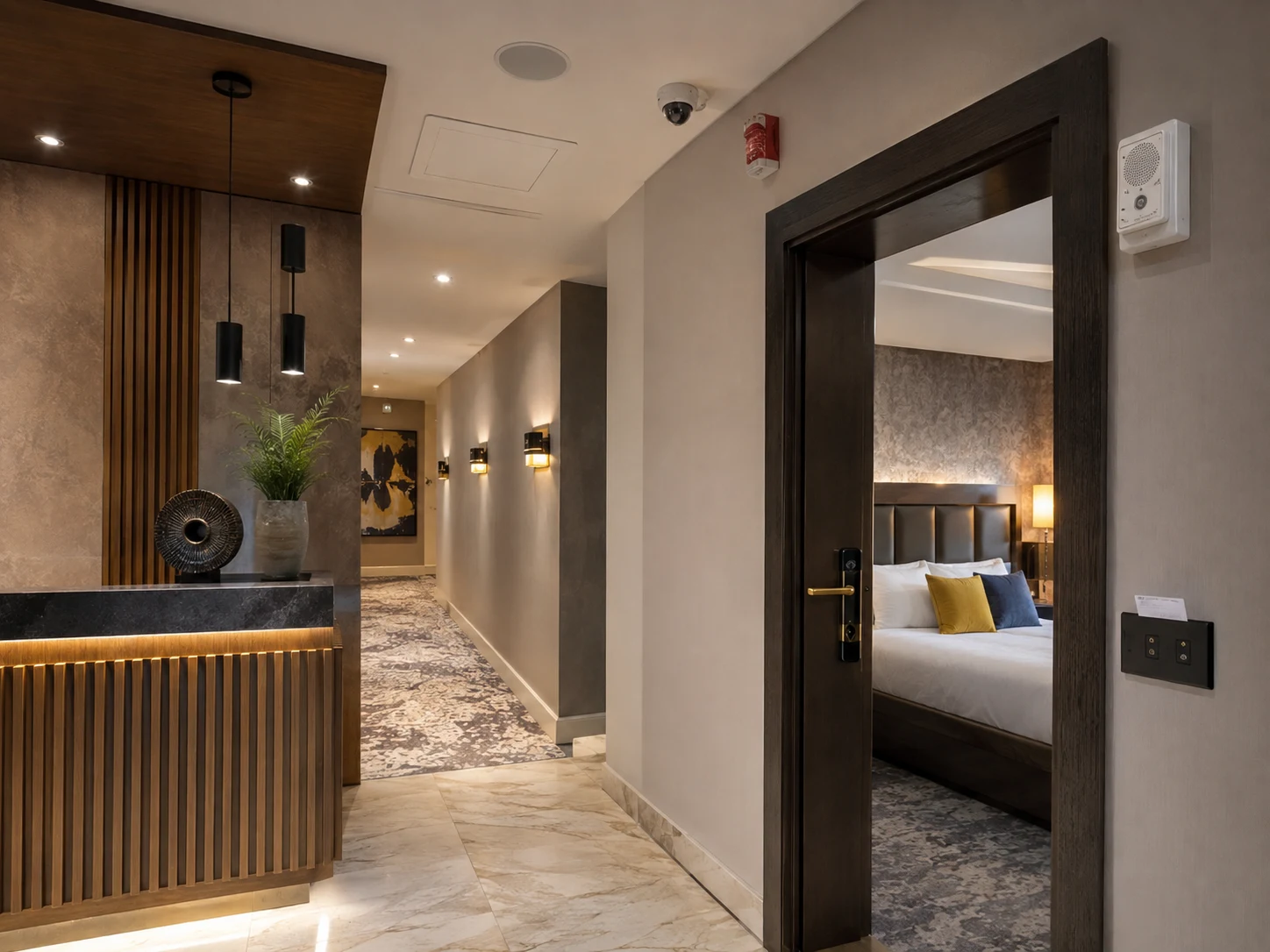 Hotel corridor equipped with access, safety and communication systems