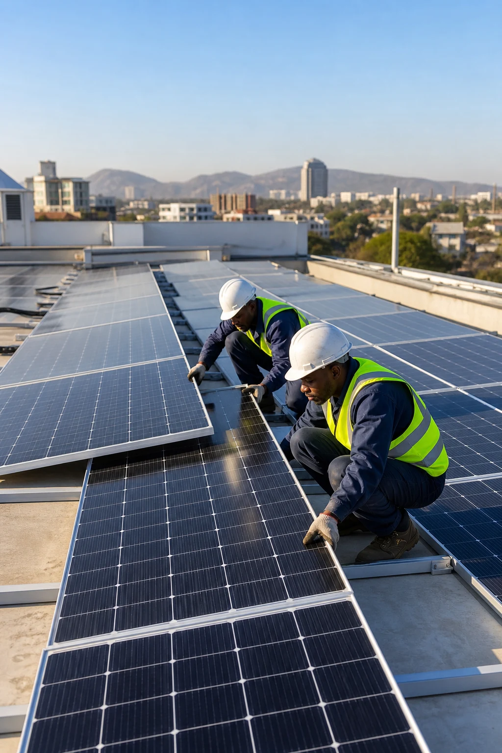 Ujax technicians installing solar panels on a rooftop