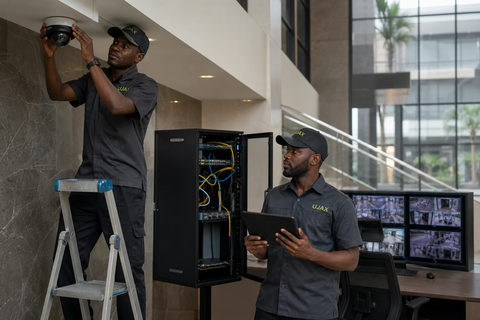 Ujax engineers installing and aligning an intelligent IP camera system